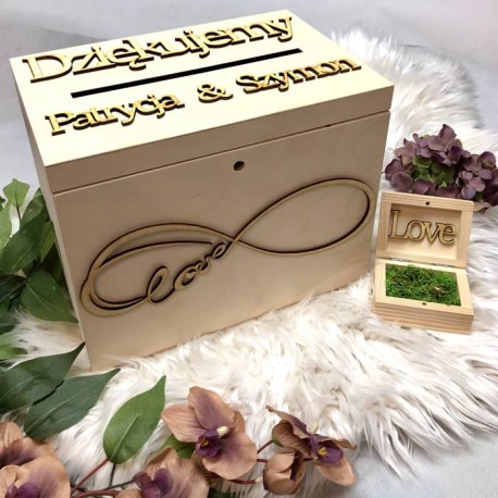 Zestaw weselny skrzynia naturalna + pudełko na obrączki